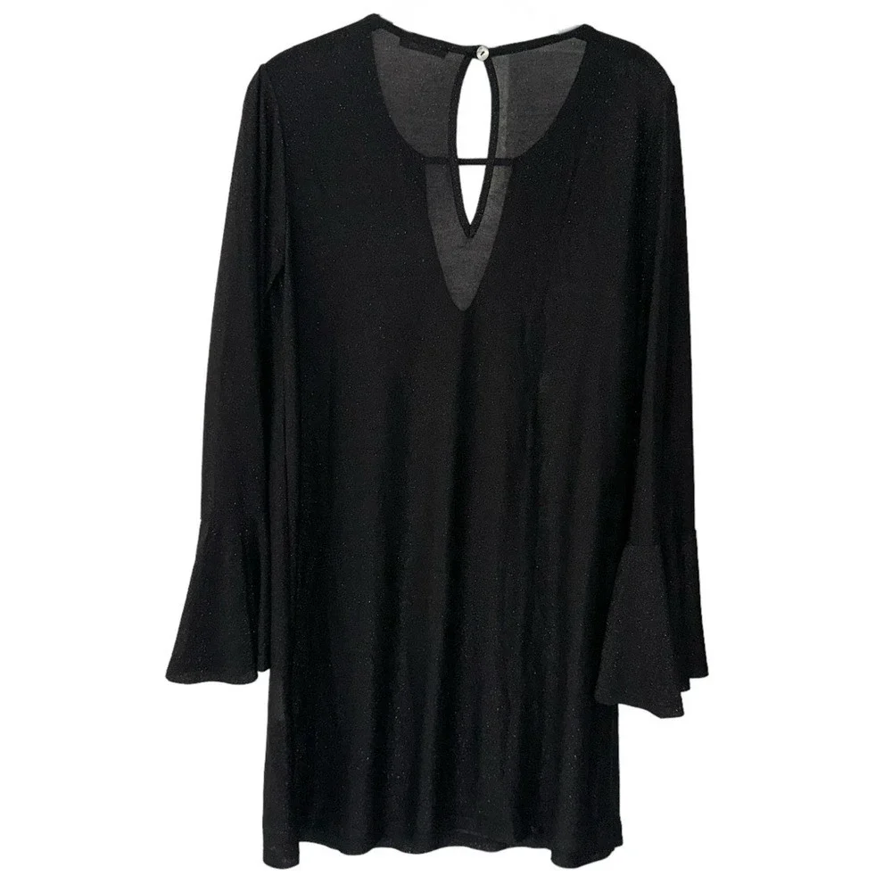 PHO Long Bell Sleeves Sheer Peep Hole Back‎ Midi Swimsuit Cover-Up Dress